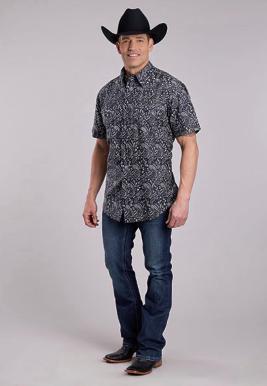 MENS BLACK WHITE PAISLEY SHORT SLEEVE