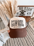 Cowgirl Attitude DTF Printed Brown and Tan Trucker Hat
