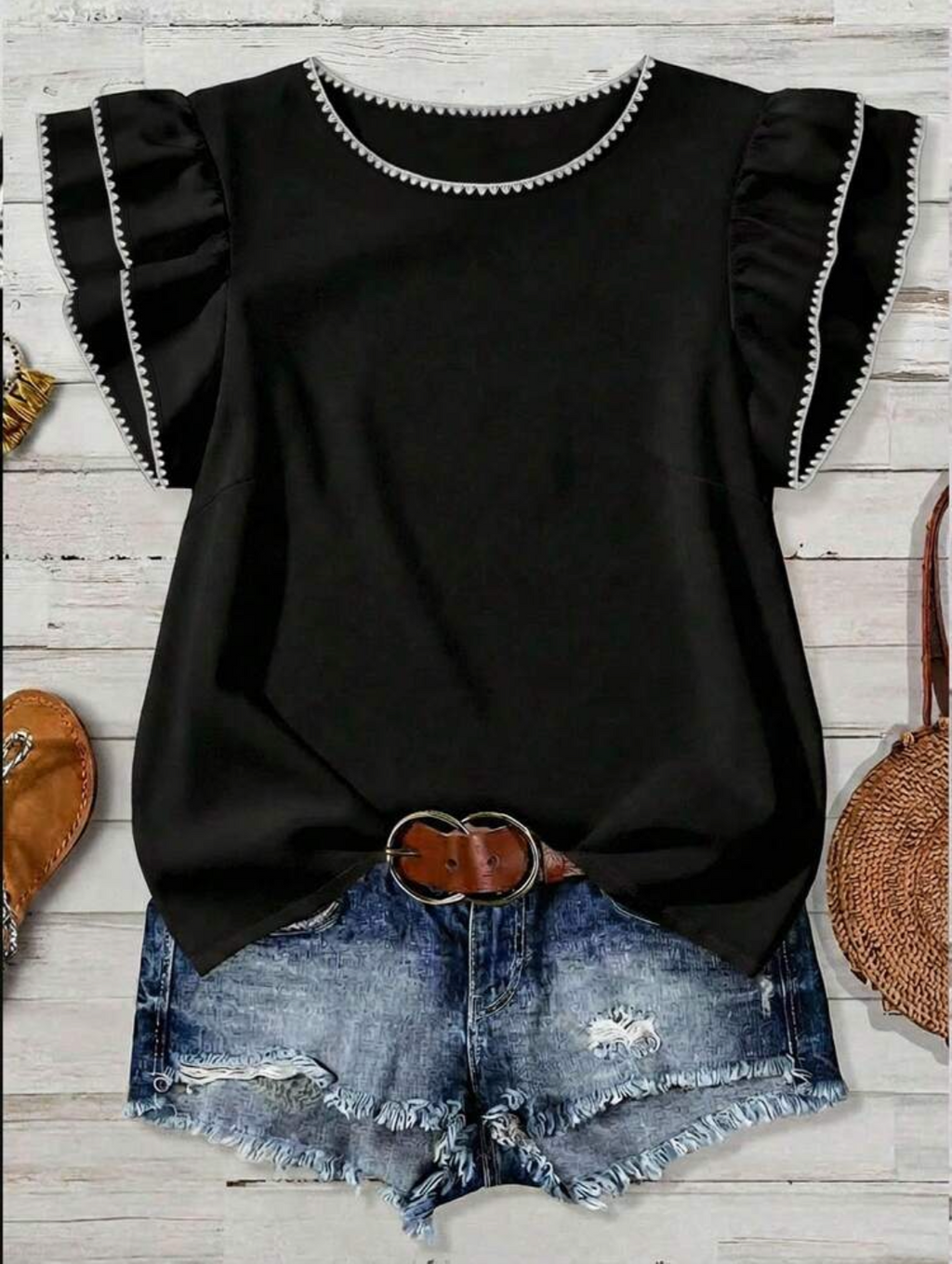 Black Flutter Sleeve Top with White Trim