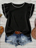 Black Flutter Sleeve Top with White Trim
