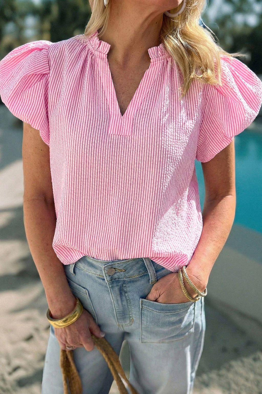 Rose Stripe Short Bubble Sleeve Split V Neck Blouse