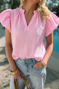 Rose Stripe Short Bubble Sleeve Split V Neck Blouse