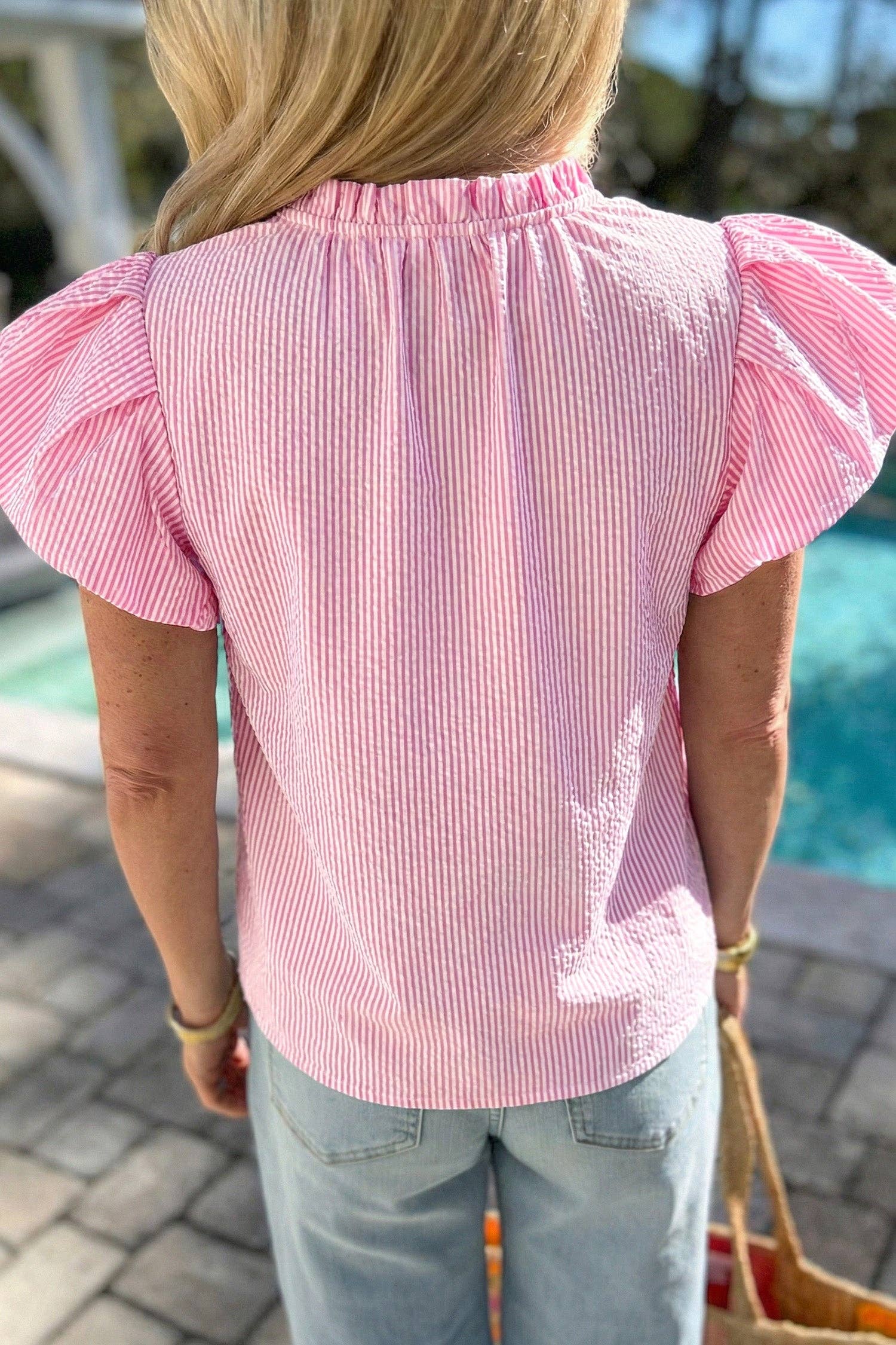 Rose Stripe Short Bubble Sleeve Split V Neck Blouse
