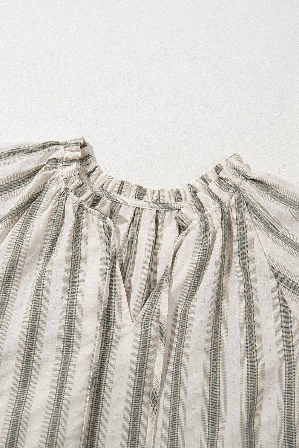 Gray Stripe Frilled Tie Neck Short Sleeve Blouse