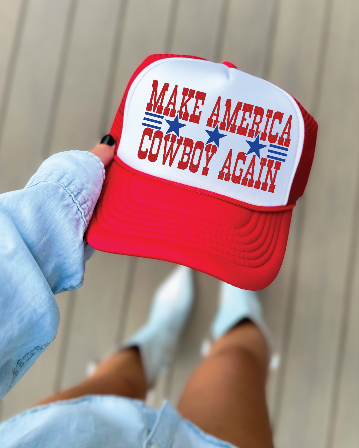 Make America Cowboy Again DTF Printed Red and White Trucker Hat