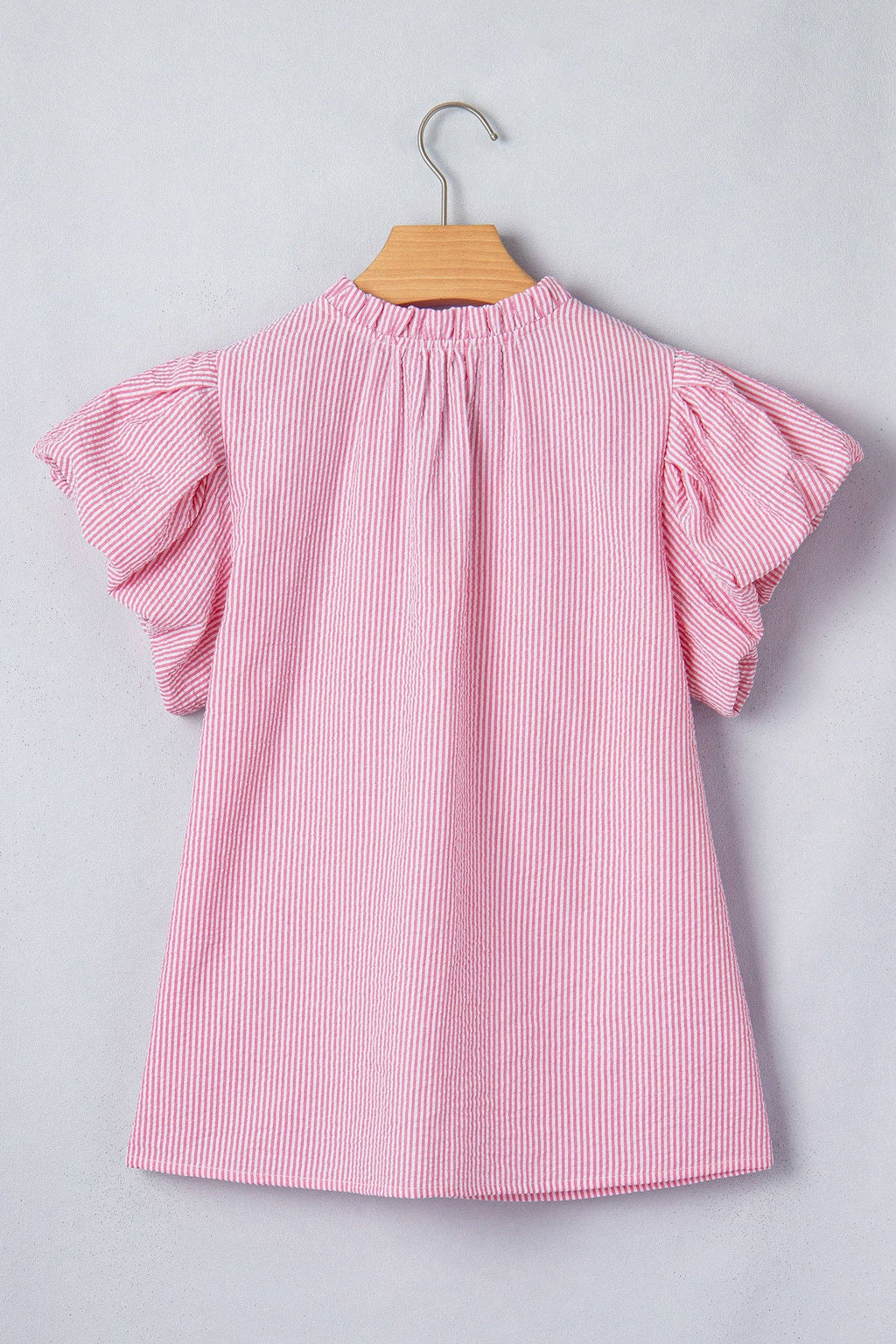 Rose Stripe Short Bubble Sleeve Split V Neck Blouse