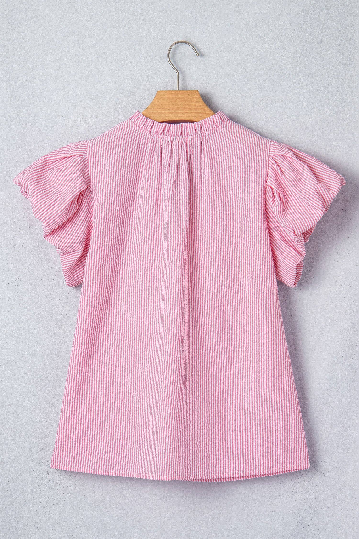 Rose Stripe Short Bubble Sleeve Split V Neck Blouse