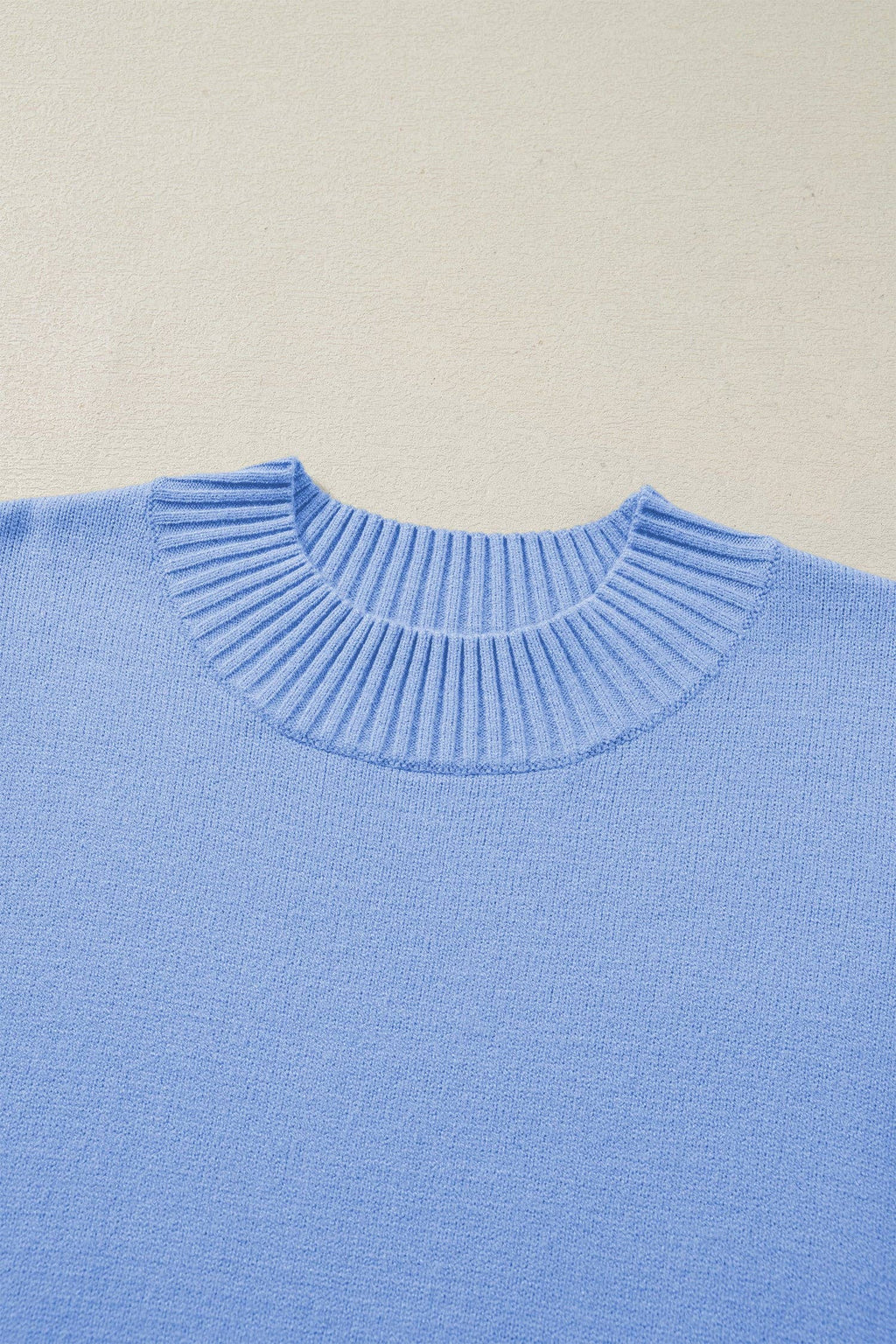 Beau Blue Solid Color Ribbed Trim Round Neck Ruffle Short Sleeve Sweater