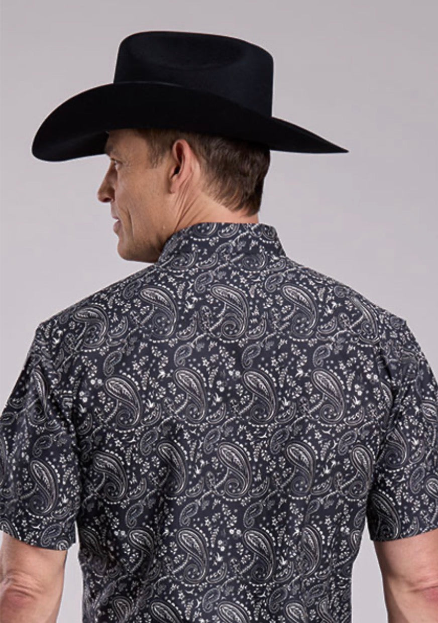 MENS BLACK WHITE PAISLEY SHORT SLEEVE