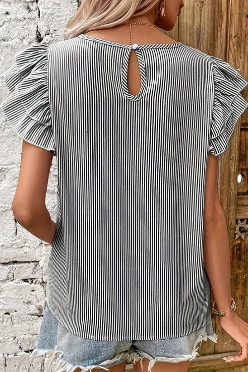 Black Stripe Striped Ruffle Sleeve Short Sleeve Round Neck Casual Shift Blouse