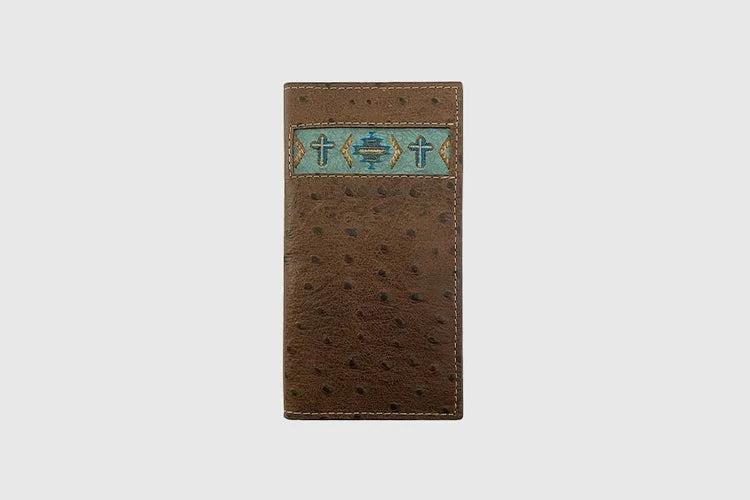 Ostrich Skin Checkbook Wallet with Aztek and crosses