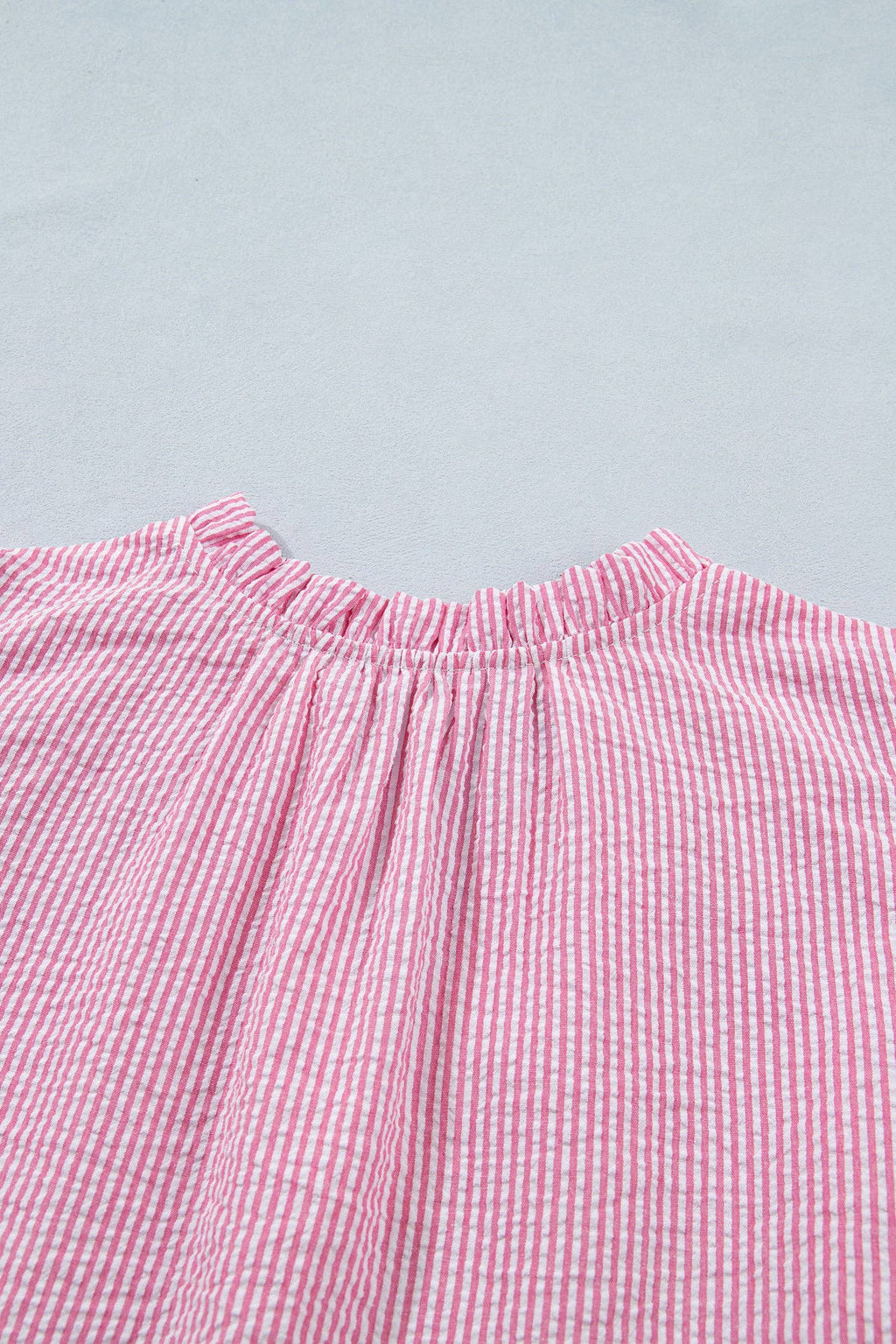 Rose Stripe Short Bubble Sleeve Split V Neck Blouse