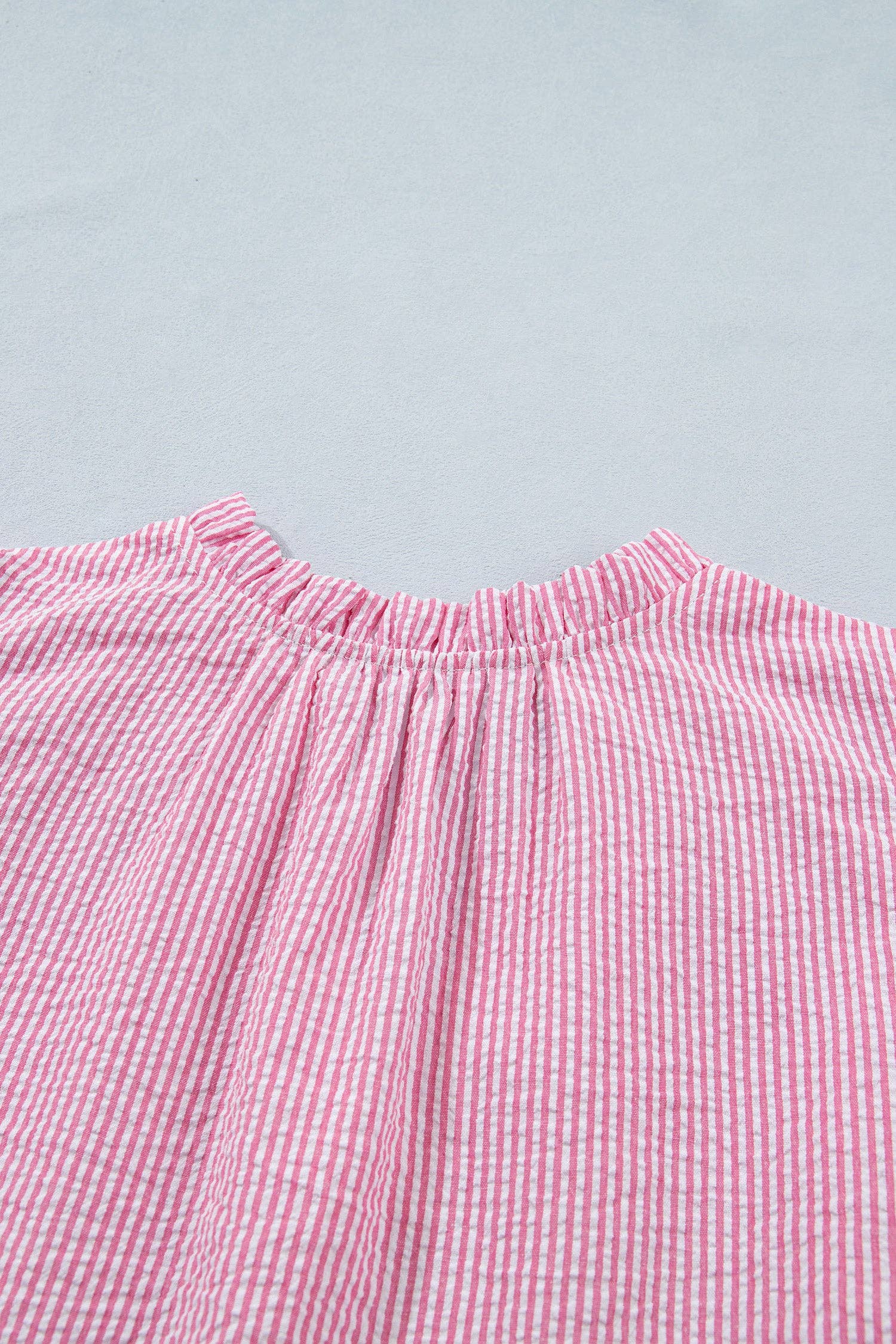Rose Stripe Short Bubble Sleeve Split V Neck Blouse