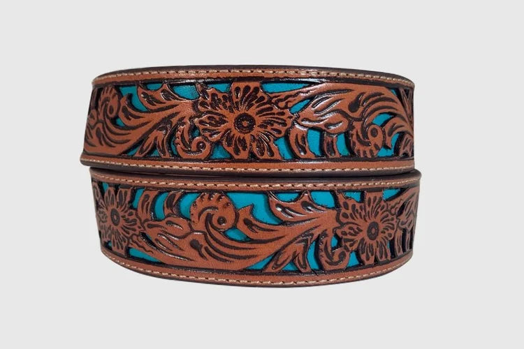 Mens Floral Tooled Belt with Blue Background