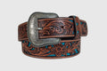 Mens Floral Tooled Belt with Blue Background