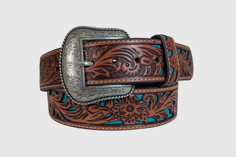 Mens Floral Tooled Belt with Blue Background