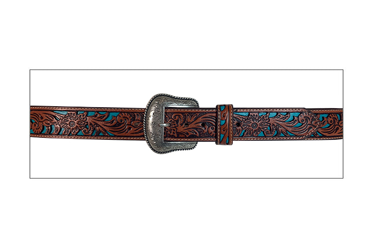Mens Floral Tooled Belt with Blue Background