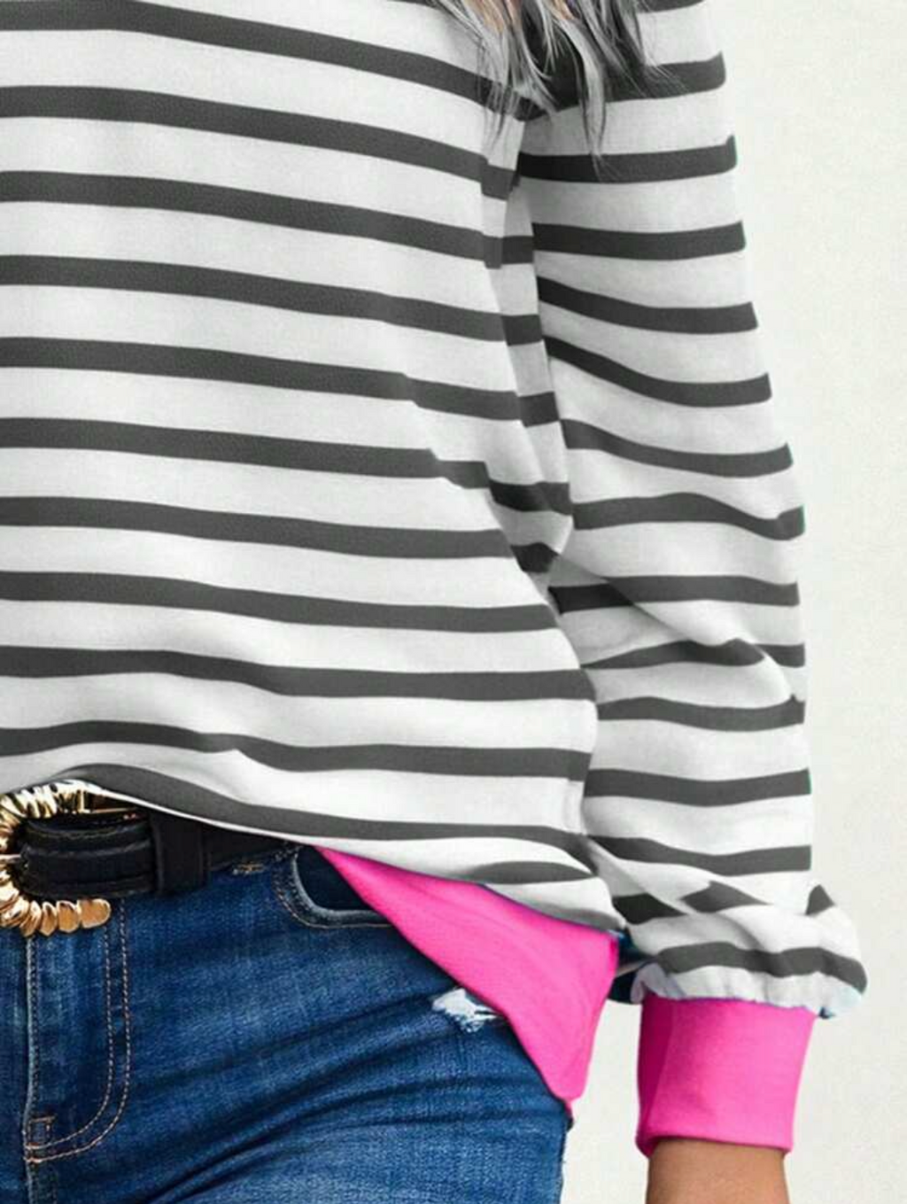 Charcoal Stripe V-Neck Top with Pink Trim