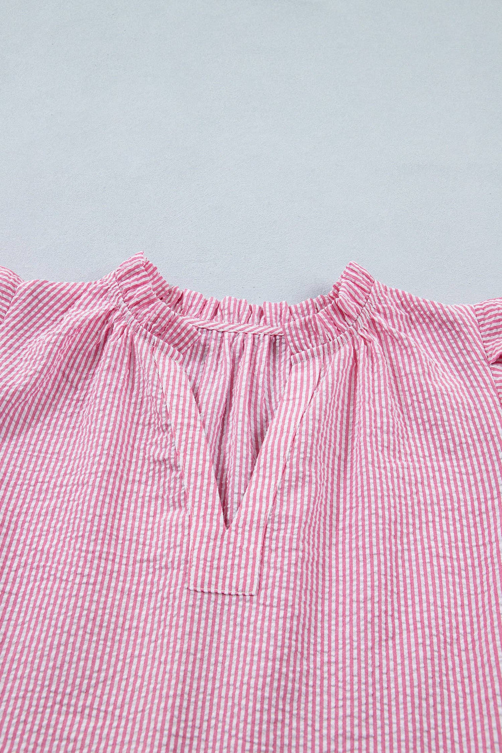 Rose Stripe Short Bubble Sleeve Split V Neck Blouse