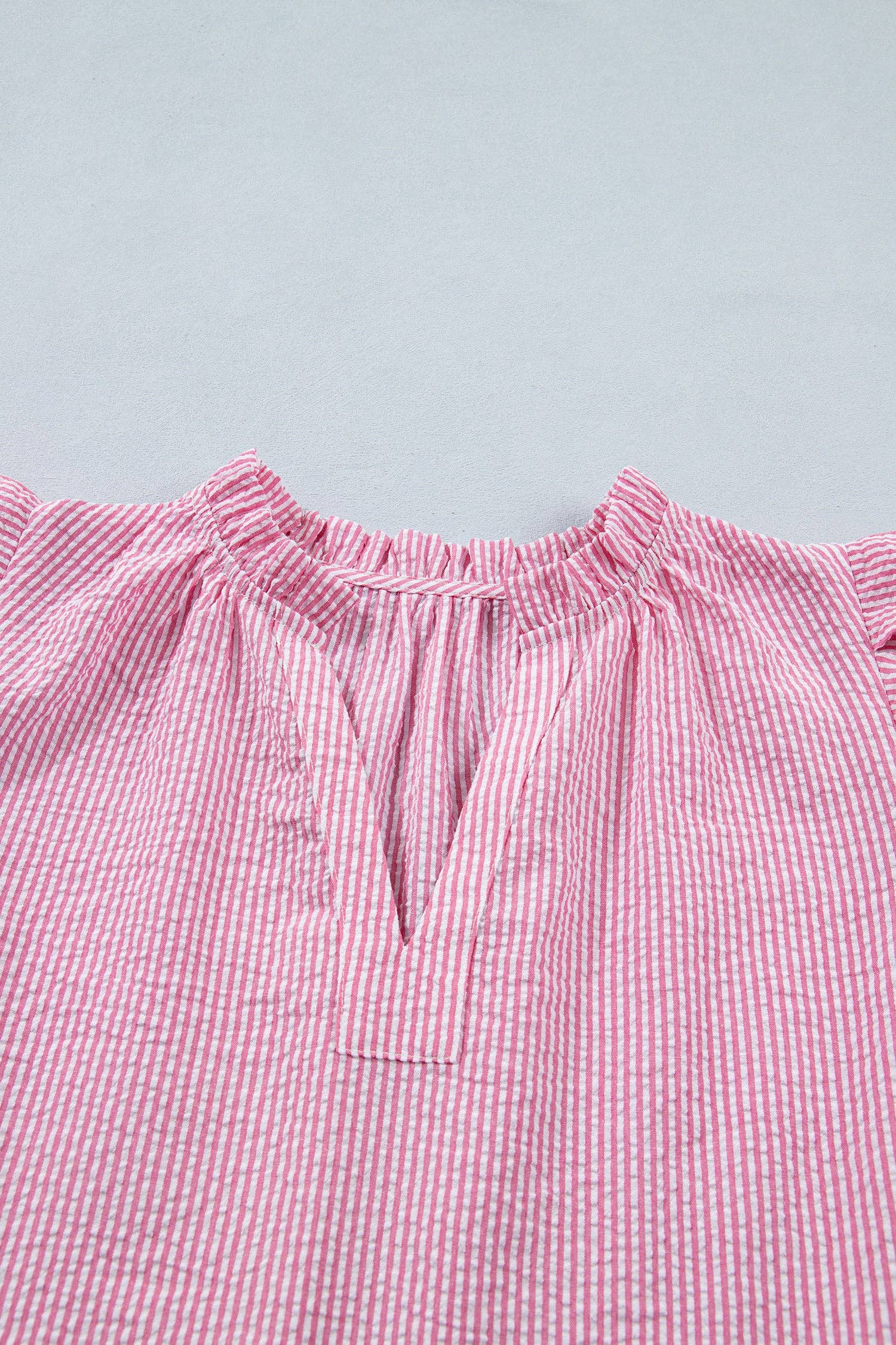 Rose Stripe Short Bubble Sleeve Split V Neck Blouse