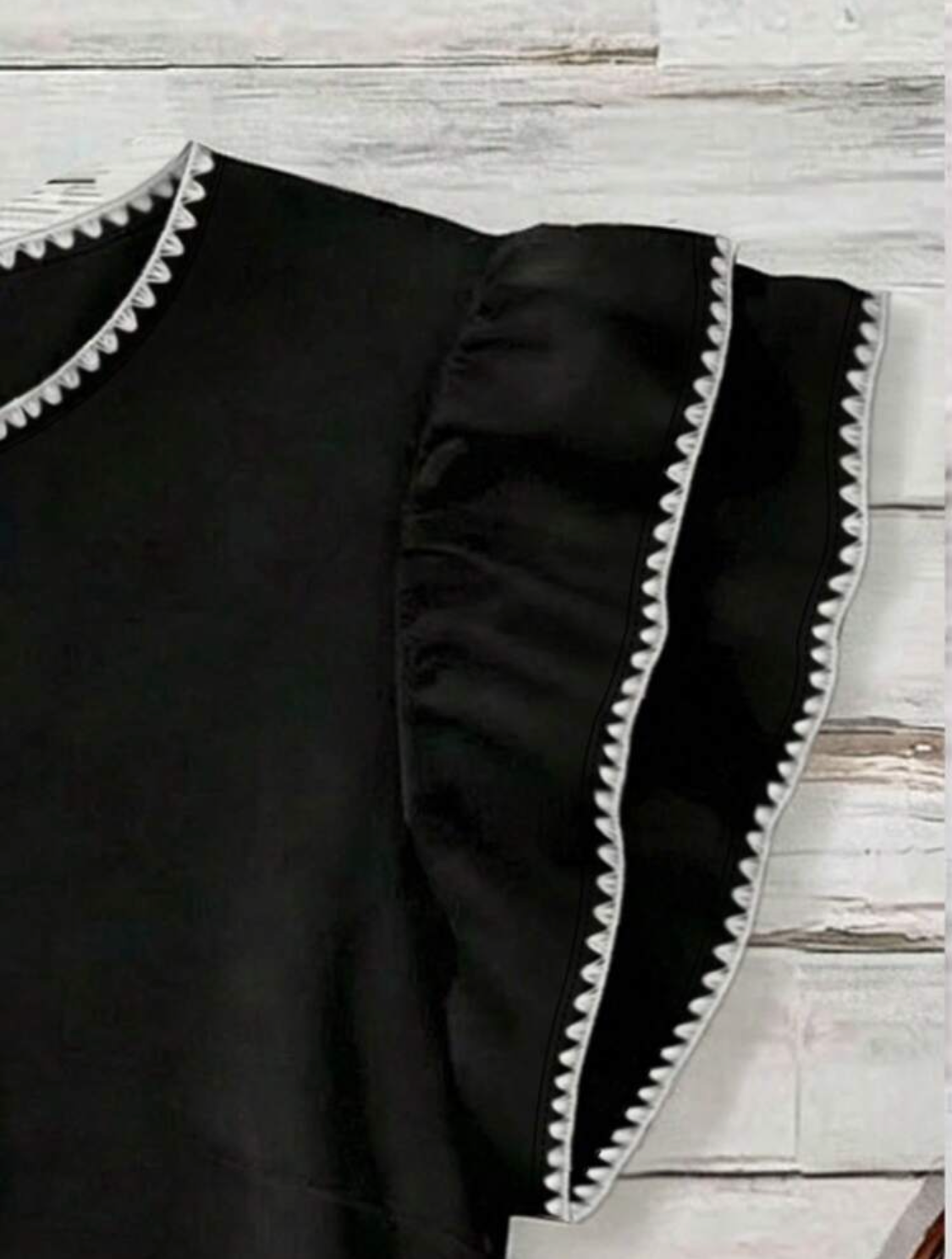 Black Flutter Sleeve Top with White Trim