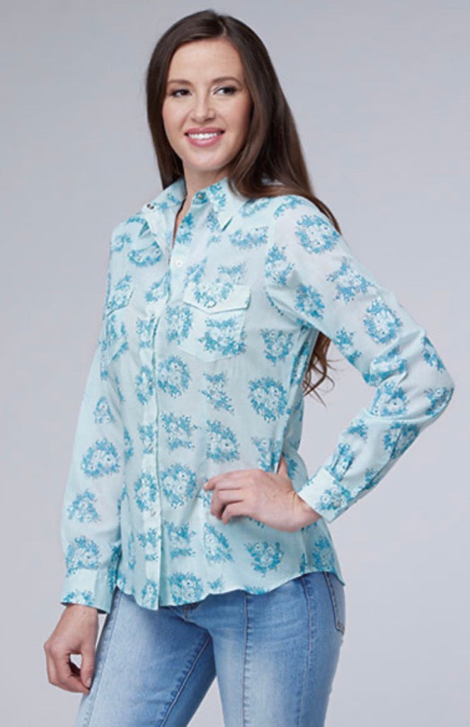 ROPER BLUE FLORAL LADIES BUTTON UP