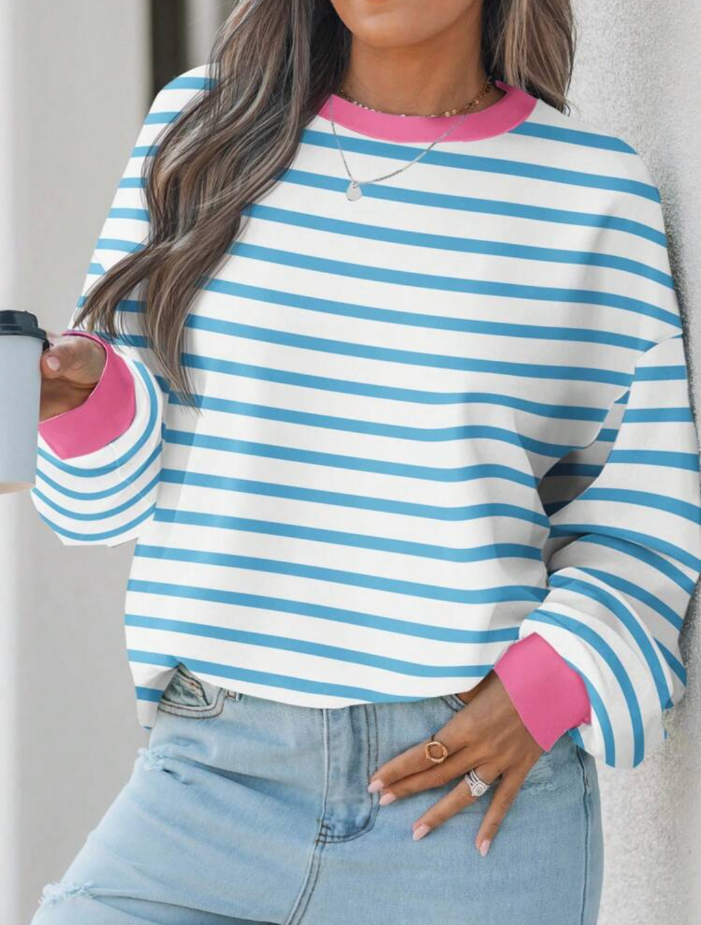 Blue Stripe Long Sleeve Top with Pink Trim