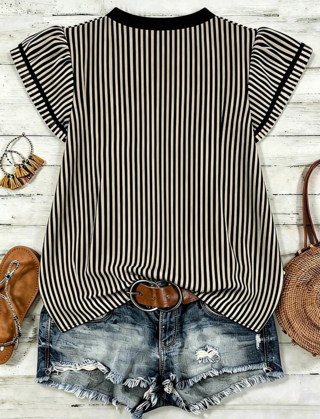 Black & Cream Striped Flutter Sleeve Top