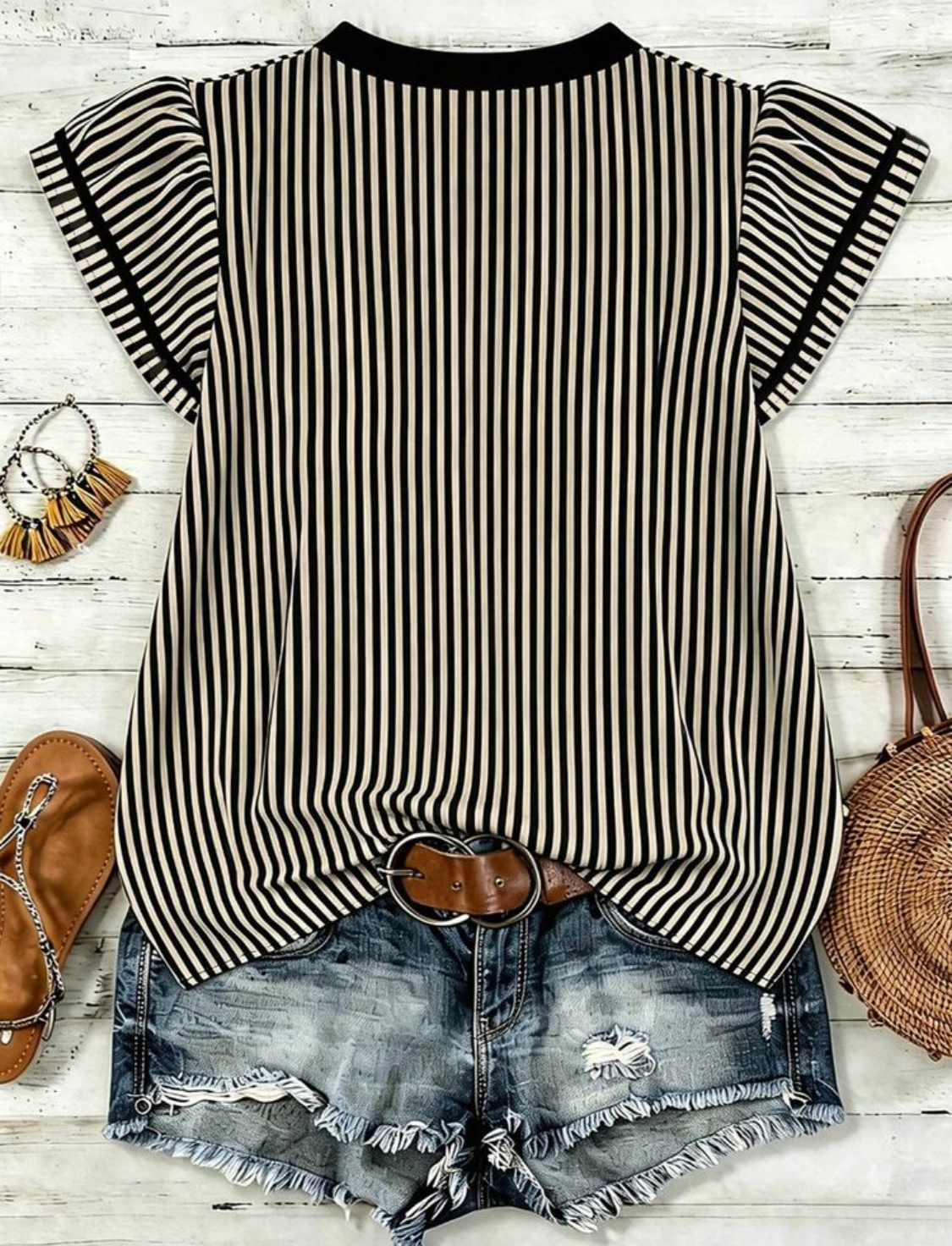 Black & Cream Striped Flutter Sleeve Top