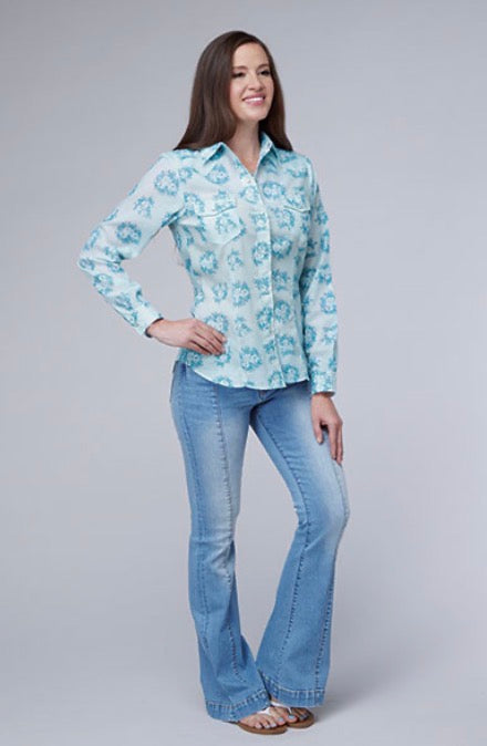 ROPER BLUE FLORAL LADIES BUTTON UP