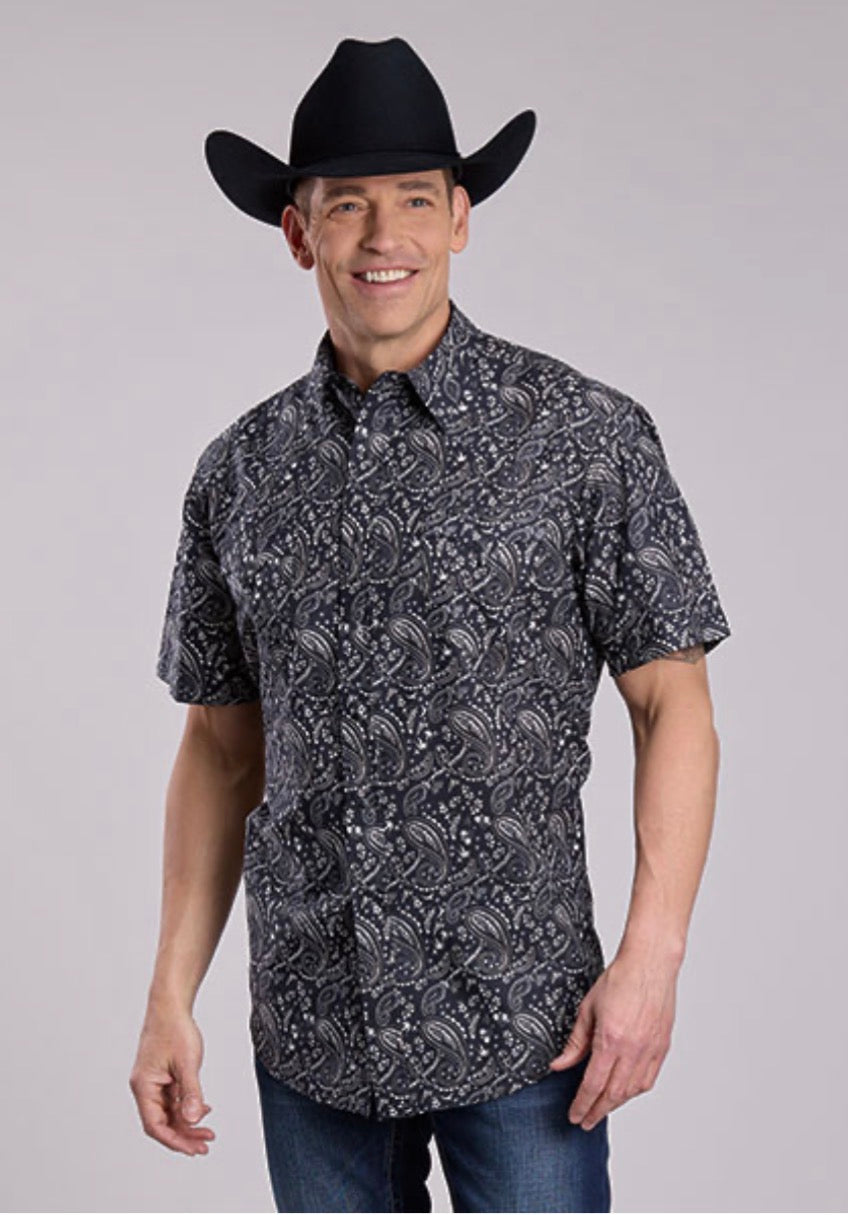 MENS BLACK WHITE PAISLEY SHORT SLEEVE