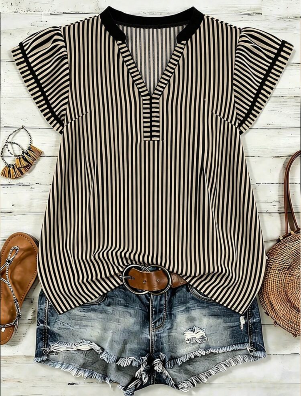 Black & Cream Striped Flutter Sleeve Top