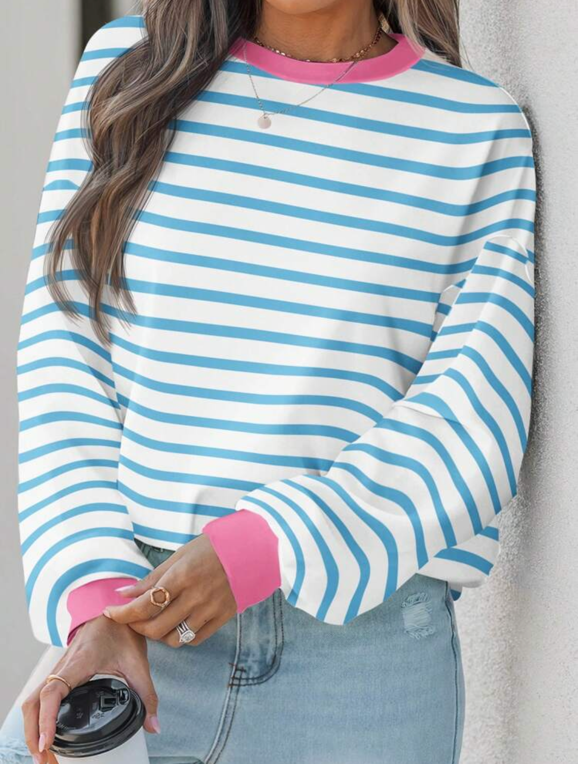 Blue Stripe Long Sleeve Top with Pink Trim