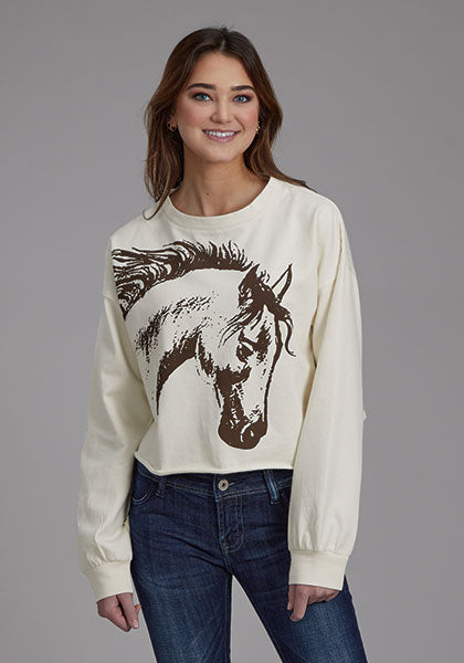 Womens Long Sleeve Pullover Cotton Fleece Crew Neck Pulloverr Western Shirt