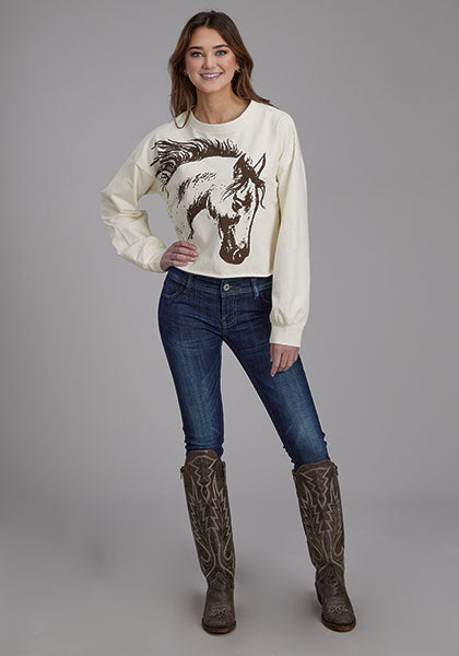 Womens Long Sleeve Pullover Cotton Fleece Crew Neck Pulloverr Western Shirt
