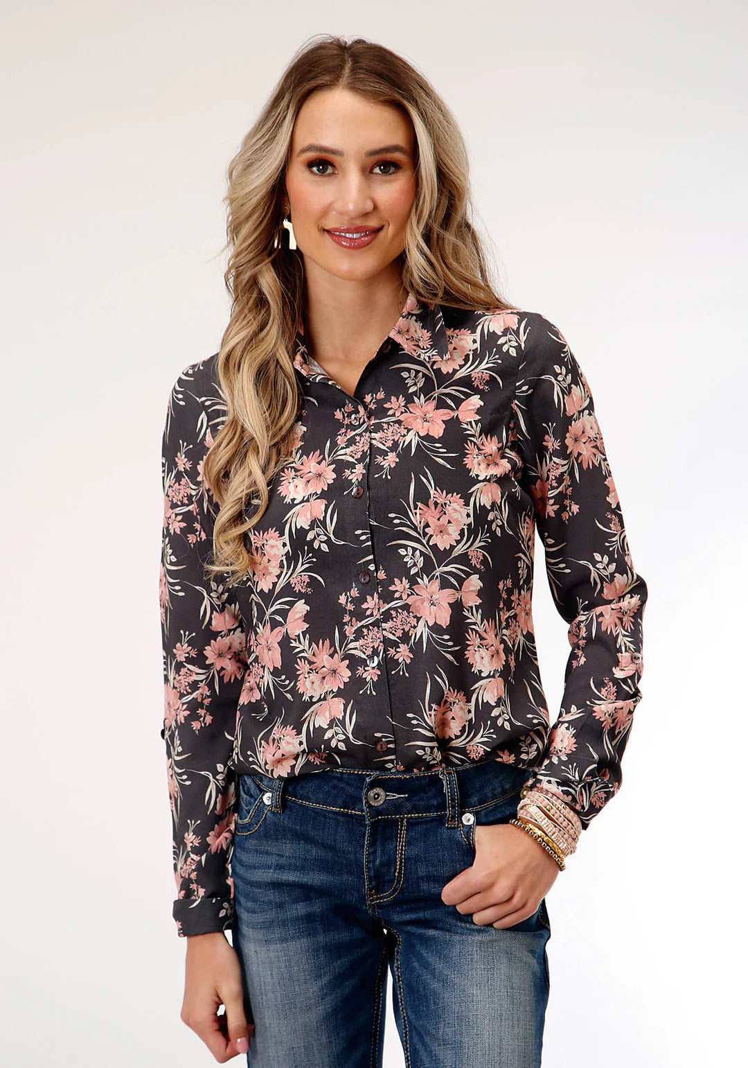 Womens Long Sleeve Coral Floral Print Western Shirt Blouse