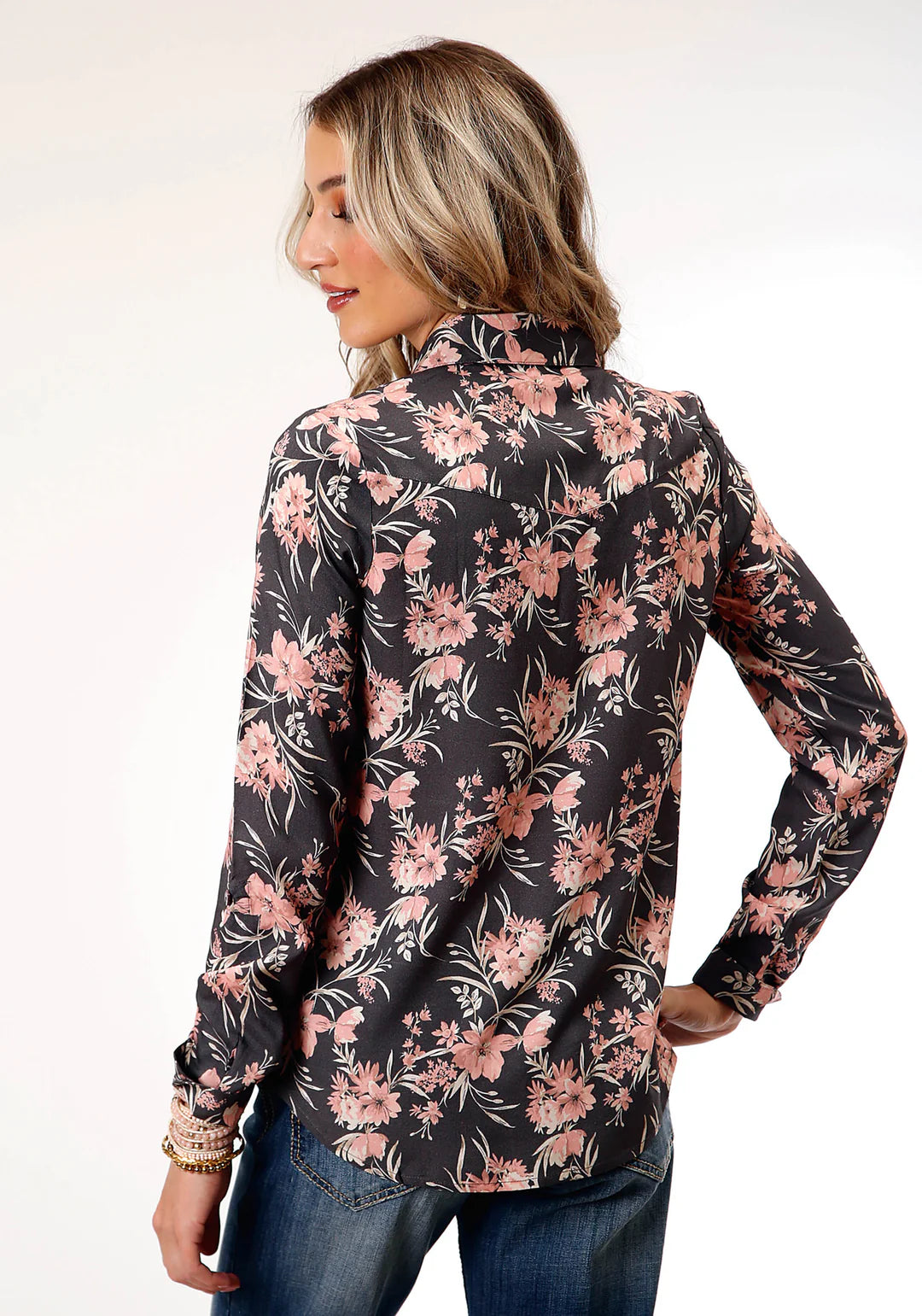 Womens Long Sleeve Coral Floral Print Western Shirt Blouse