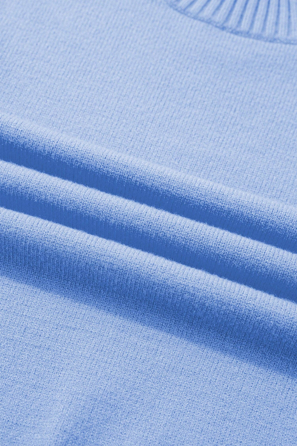 Beau Blue Solid Color Ribbed Trim Round Neck Ruffle Short Sleeve Sweater