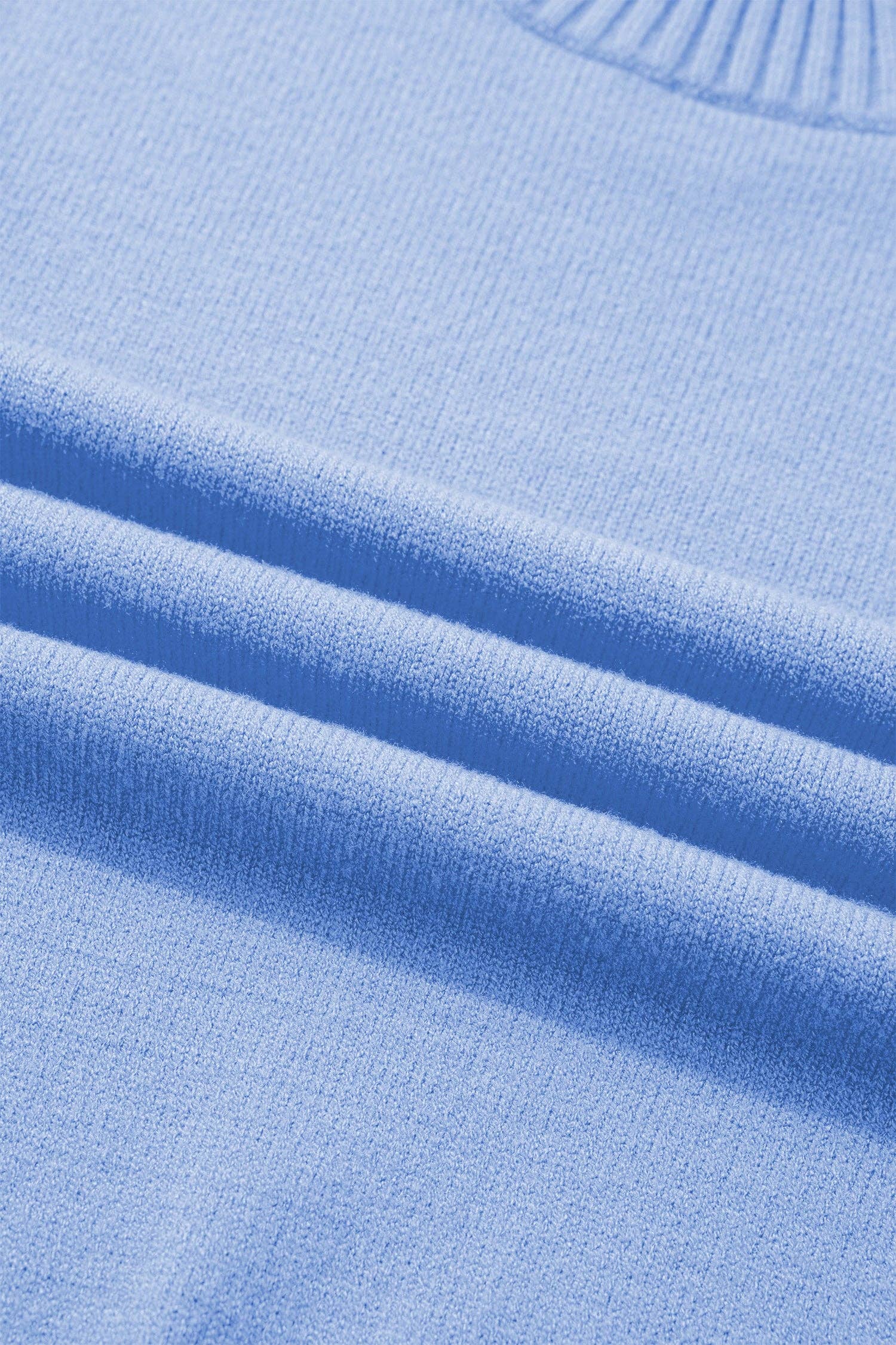Beau Blue Solid Color Ribbed Trim Round Neck Ruffle Short Sleeve Sweater