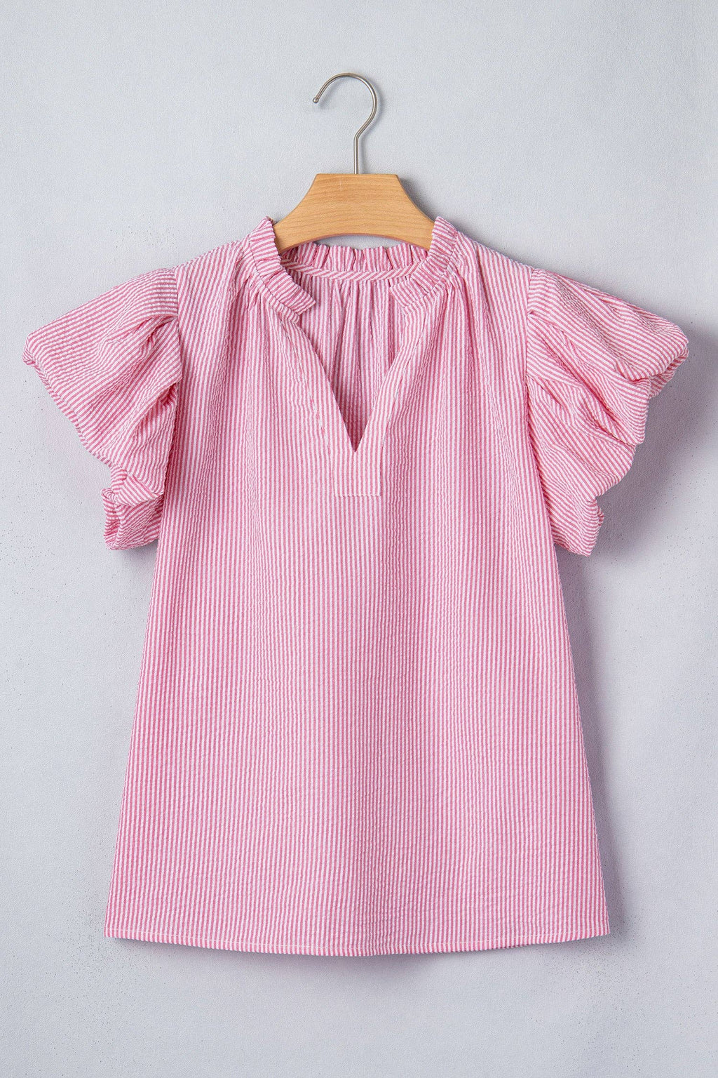 Rose Stripe Short Bubble Sleeve Split V Neck Blouse