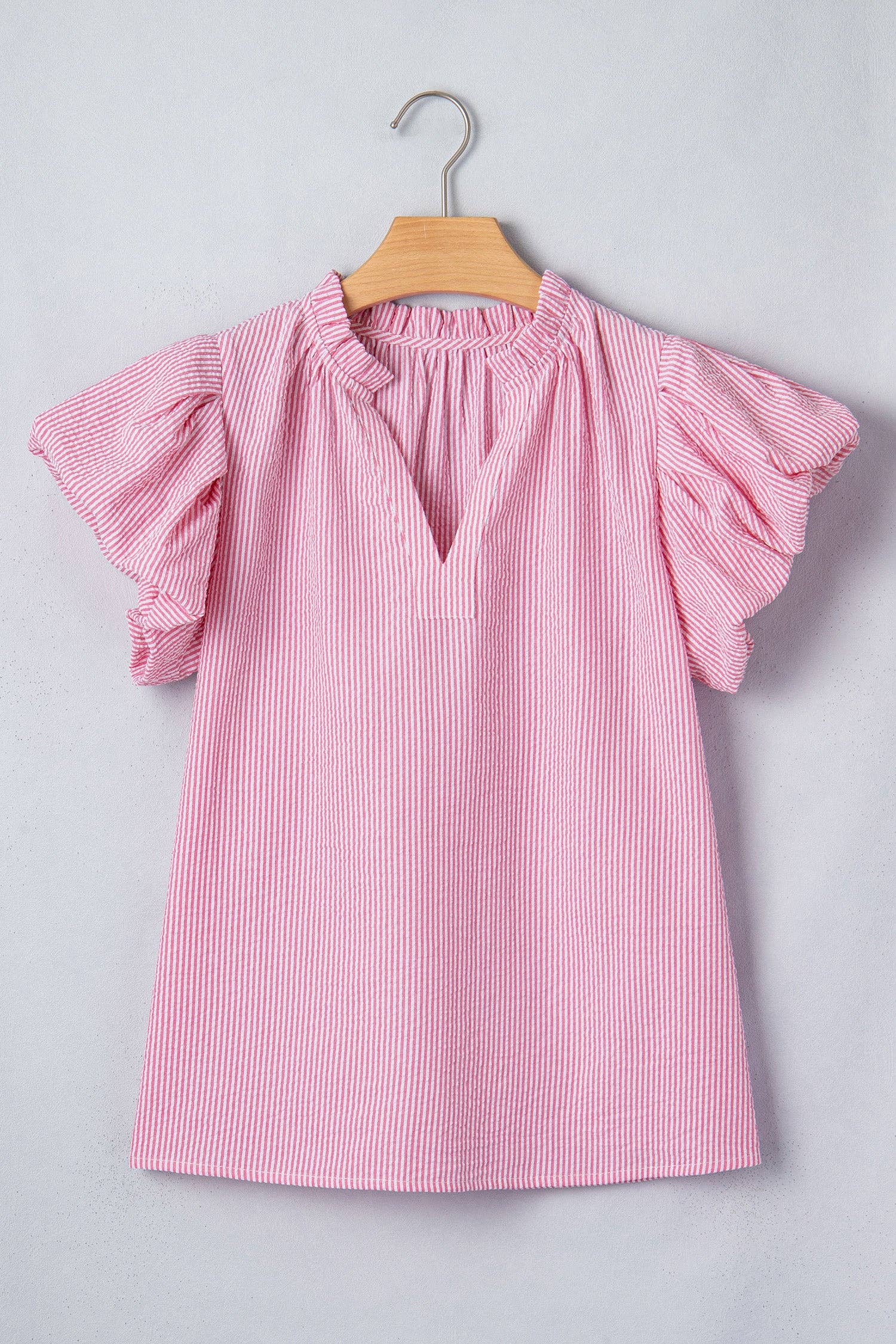 Rose Stripe Short Bubble Sleeve Split V Neck Blouse