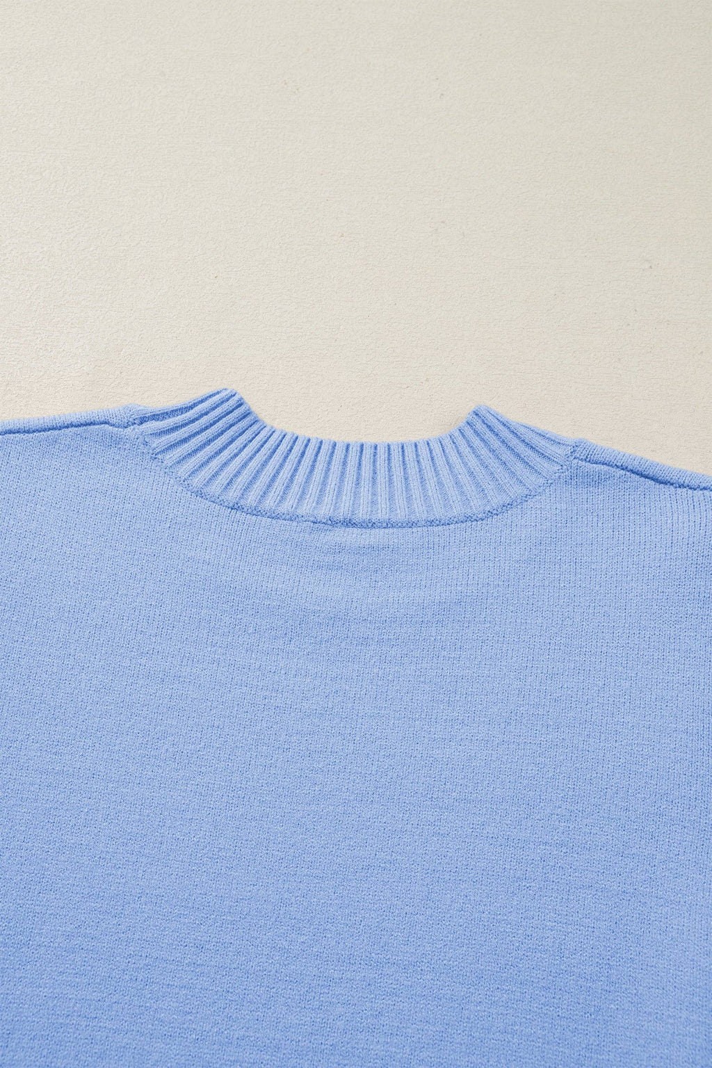 Beau Blue Solid Color Ribbed Trim Round Neck Ruffle Short Sleeve Sweater