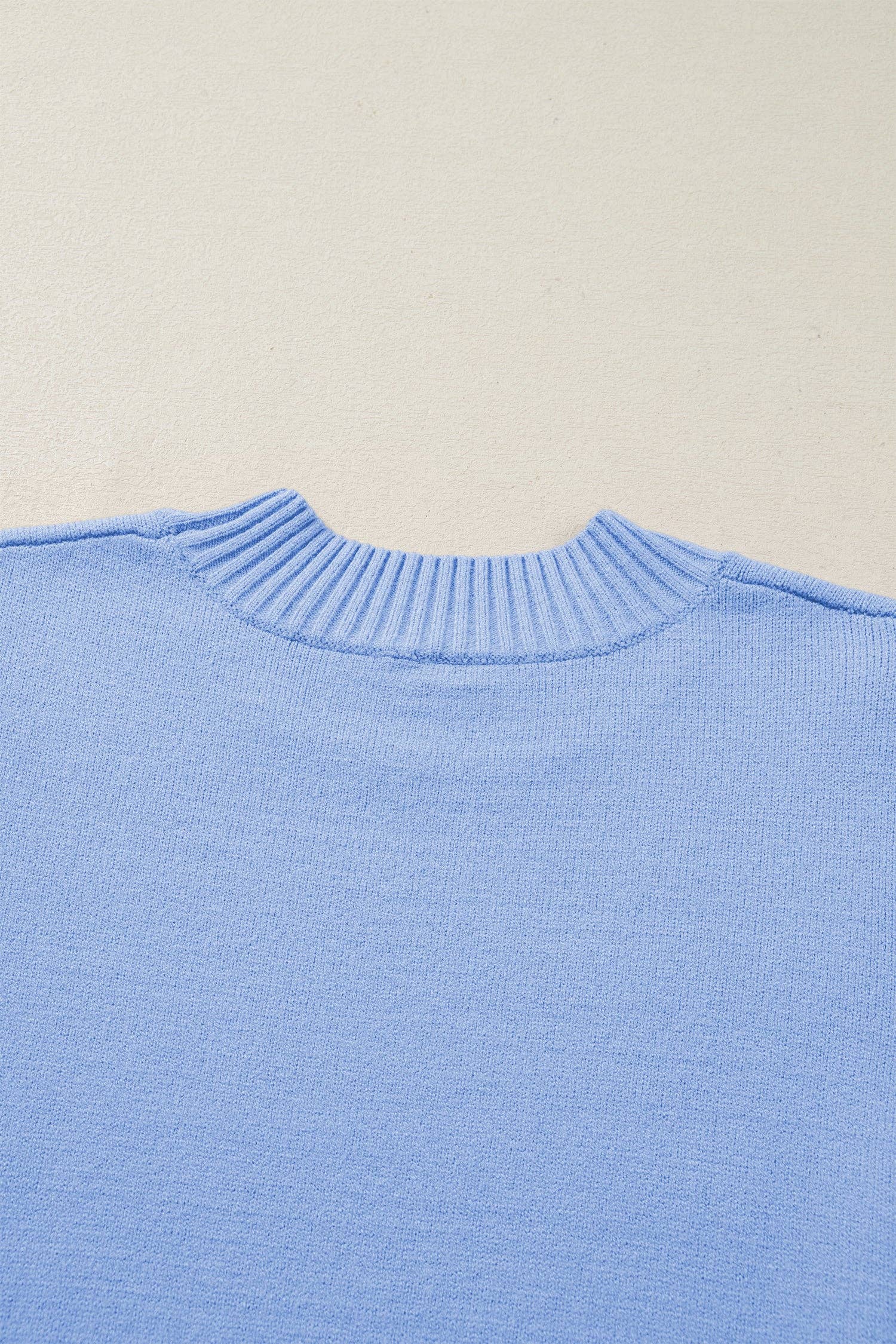 Beau Blue Solid Color Ribbed Trim Round Neck Ruffle Short Sleeve Sweater