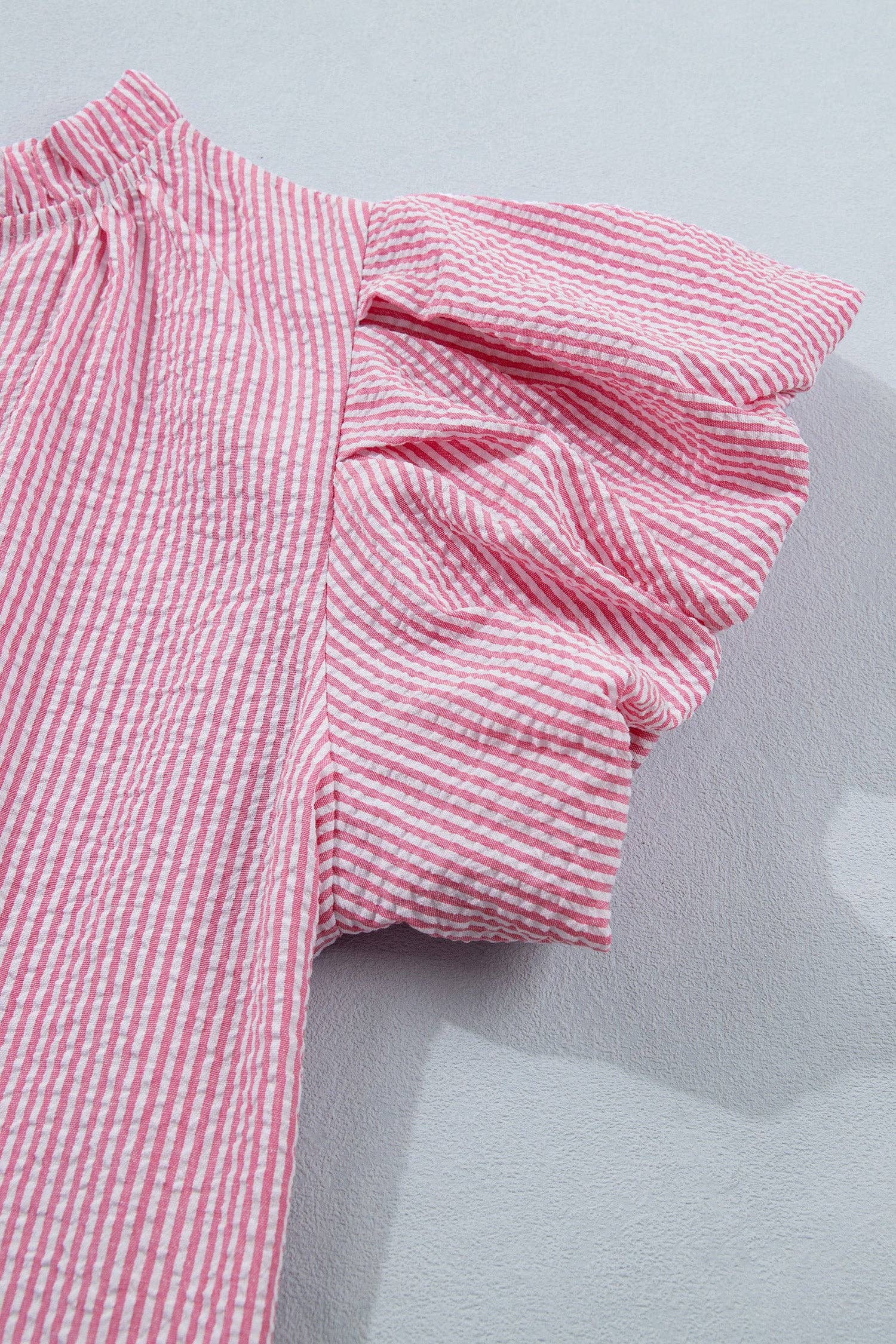 Rose Stripe Short Bubble Sleeve Split V Neck Blouse