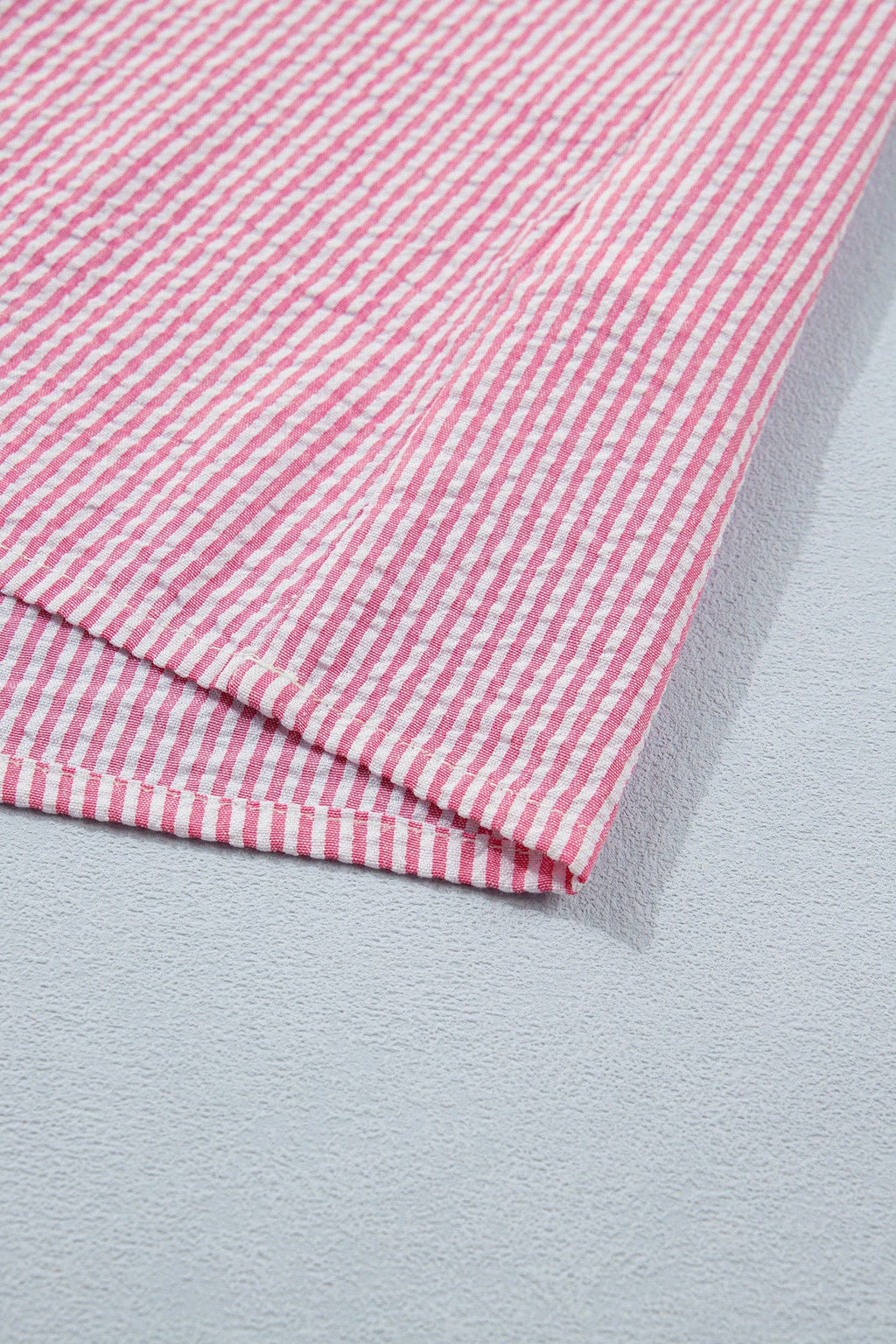 Rose Stripe Short Bubble Sleeve Split V Neck Blouse