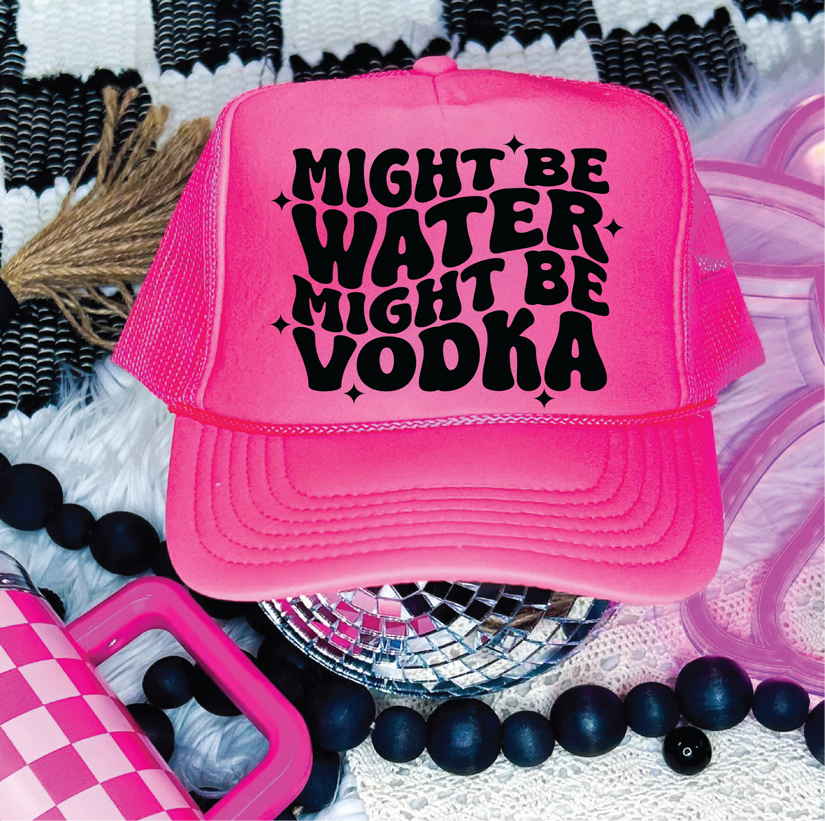 Might Be Water DTF Printed Neon Pink Trucker Hat